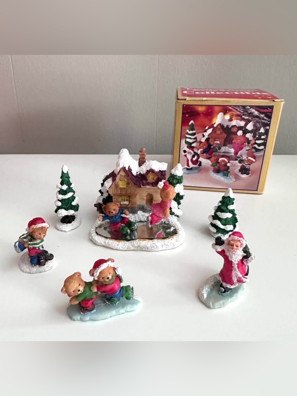 Vintage Holiday Village Skating Bears Figurine Set Original Packaging Included